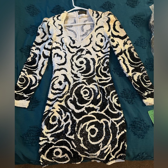 Vintage Creative Creations silk beaded black & white rose sequin dress - Picture 11 of 12